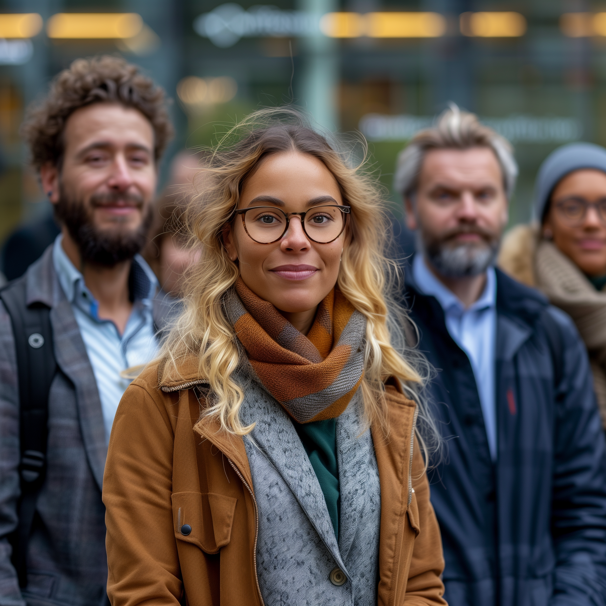 Mitarbeiter: innen öffentlicher Dienst Diverse Fach- und Führungskräfte vor modernem Verwaltungsgebäude – Symbol für Zusammenarbeit, Vielfalt und Vertrauen im öffentlichen Dienst.