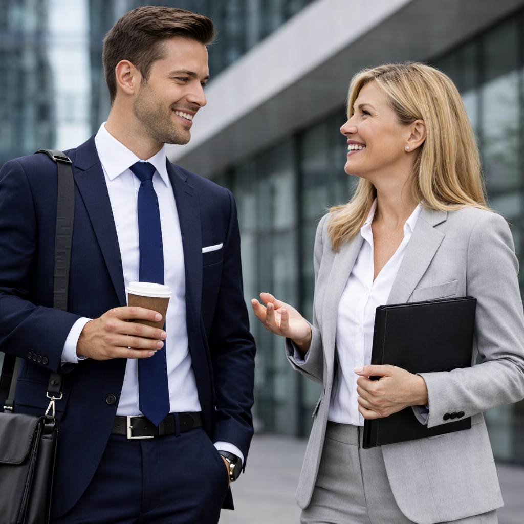 Interims Management Zwei Geschäftspersonen stehen im Freien vor einem modernen Bürogebäude mit Glasfassade und unterhalten sich freundlich. Der Mann trägt einen dunkelblauen Anzug, hält einen Coffee-to-go-Becher in der Hand und lächelt seiner Gesprächspartnerin zu. Die Frau wirkt etwas älter, trägt einen hellgrauen Hosenanzug, hält eine schwarze Mappe unter dem Arm und gestikuliert leicht während des Gesprächs. Beide wirken professionell, entspannt und in ein kollegiales Gespräch vertieft.